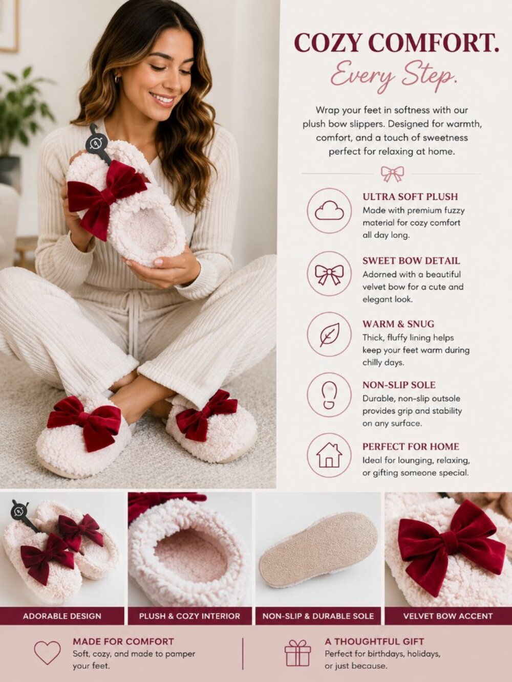 🌸. Plush Sherpa Bow Slippers
